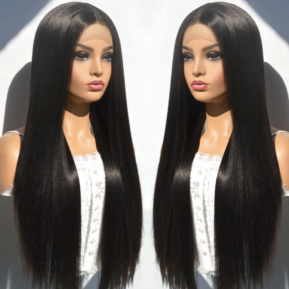 

26Inch Long Glueless Soft Black Silky Straight 180Density Natural Hairline Lace Front Wig For Women Preplucked Babyhair Daily