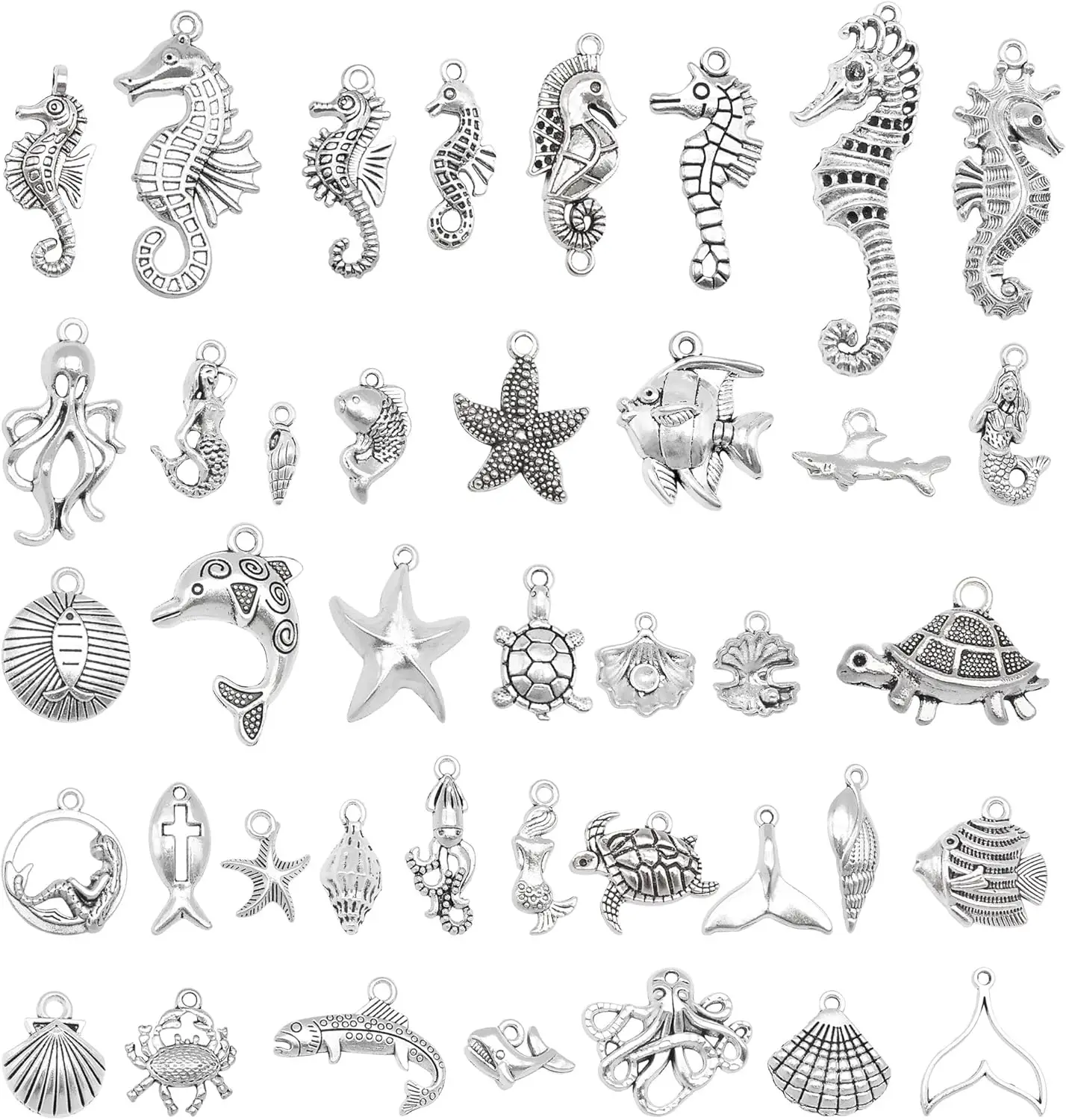 

Wang 90PCS Antique Silver Alloy Ocean Pendants Mermaid Tail Seahorses Shell Starfish Mixed Charms for Necklace, Bracelet Summer