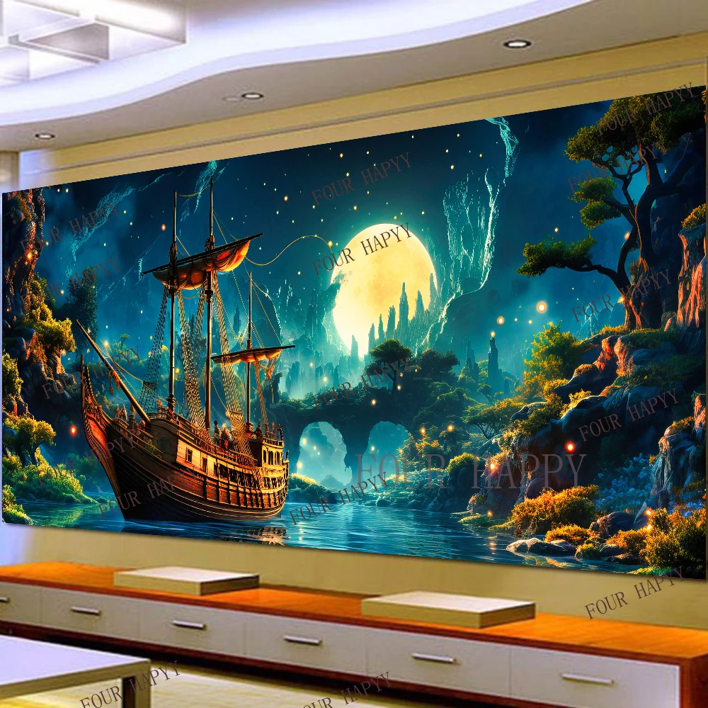 5D DIY Large Diamond Painting Cross Moon Ship Artwork Landscape Wall Art, Full Round Drill, Embroidery Home Decor