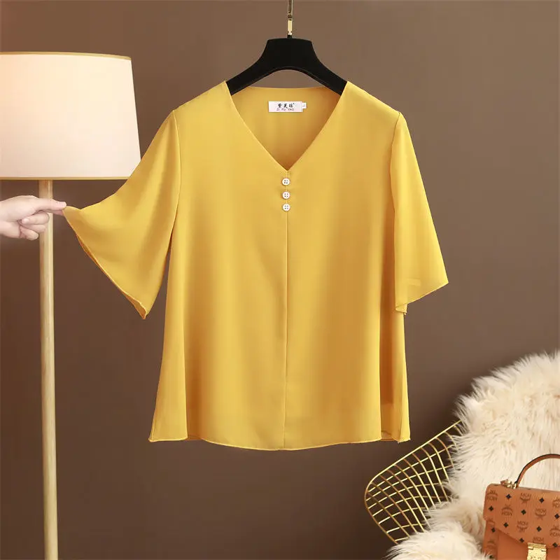 Big Size New Women Loose Chiffon T-shirt Summer Short Sleeve Female Clothing Elegant Vintage All-match V-Neck Thin Pullover Tops