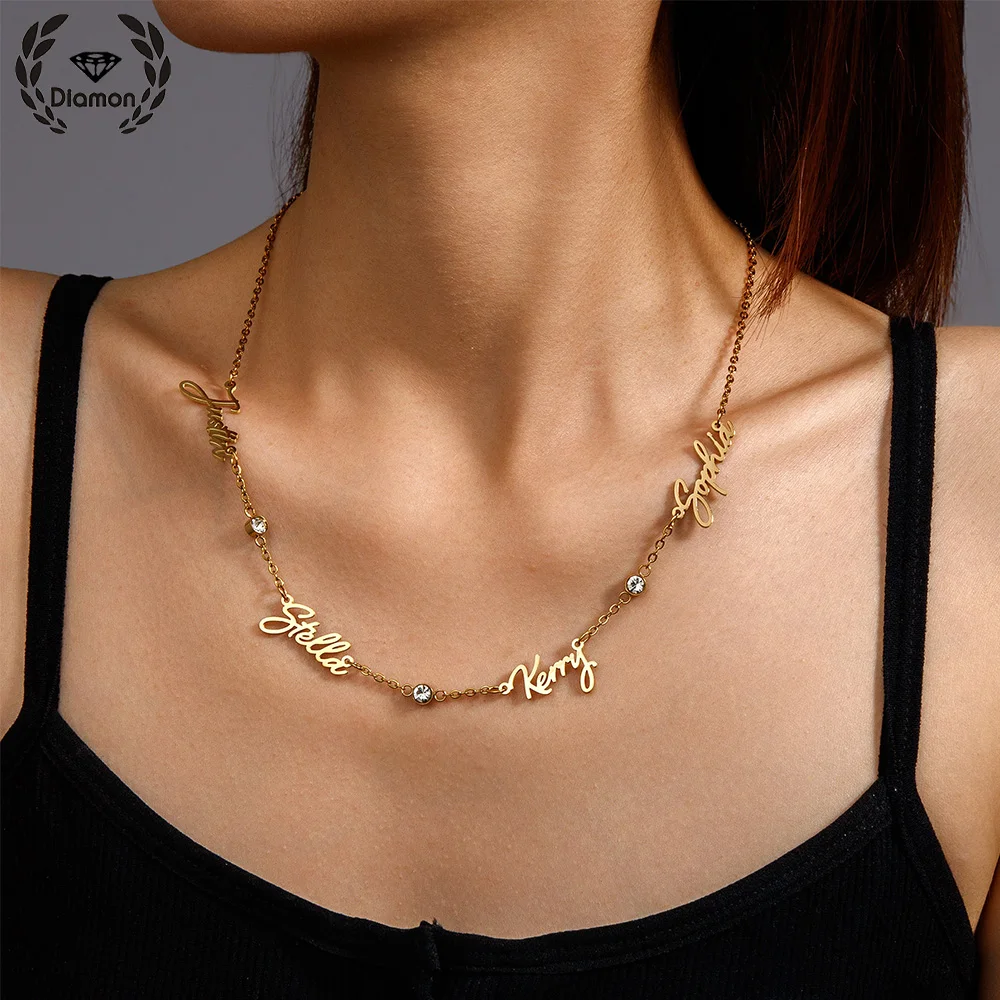 Diamon Personalized Names Hang Zircon Multiple Letter Pendant Chain Heart Stainless Steel Necklace for Women Jewelry Gift