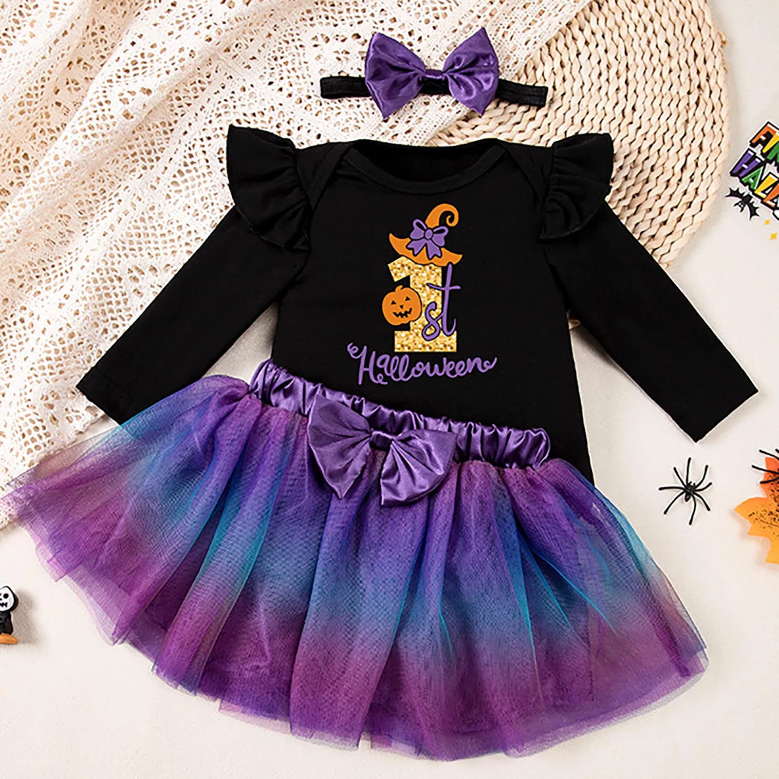 

1st Birthday Girls Outfit Halloween Cartoon Pumpkin Hat Long Sleeve Dress Suit My First Halloween Purple Elegant Bow Dresses