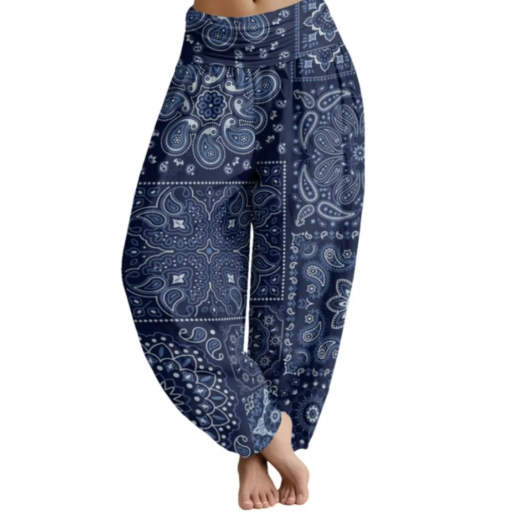 

Тайские брюки с узором пейсли, женские широкие брюки, шикарные свободные брюки с высокой талией для тренировок, повседневные шаровары в богемном стиле