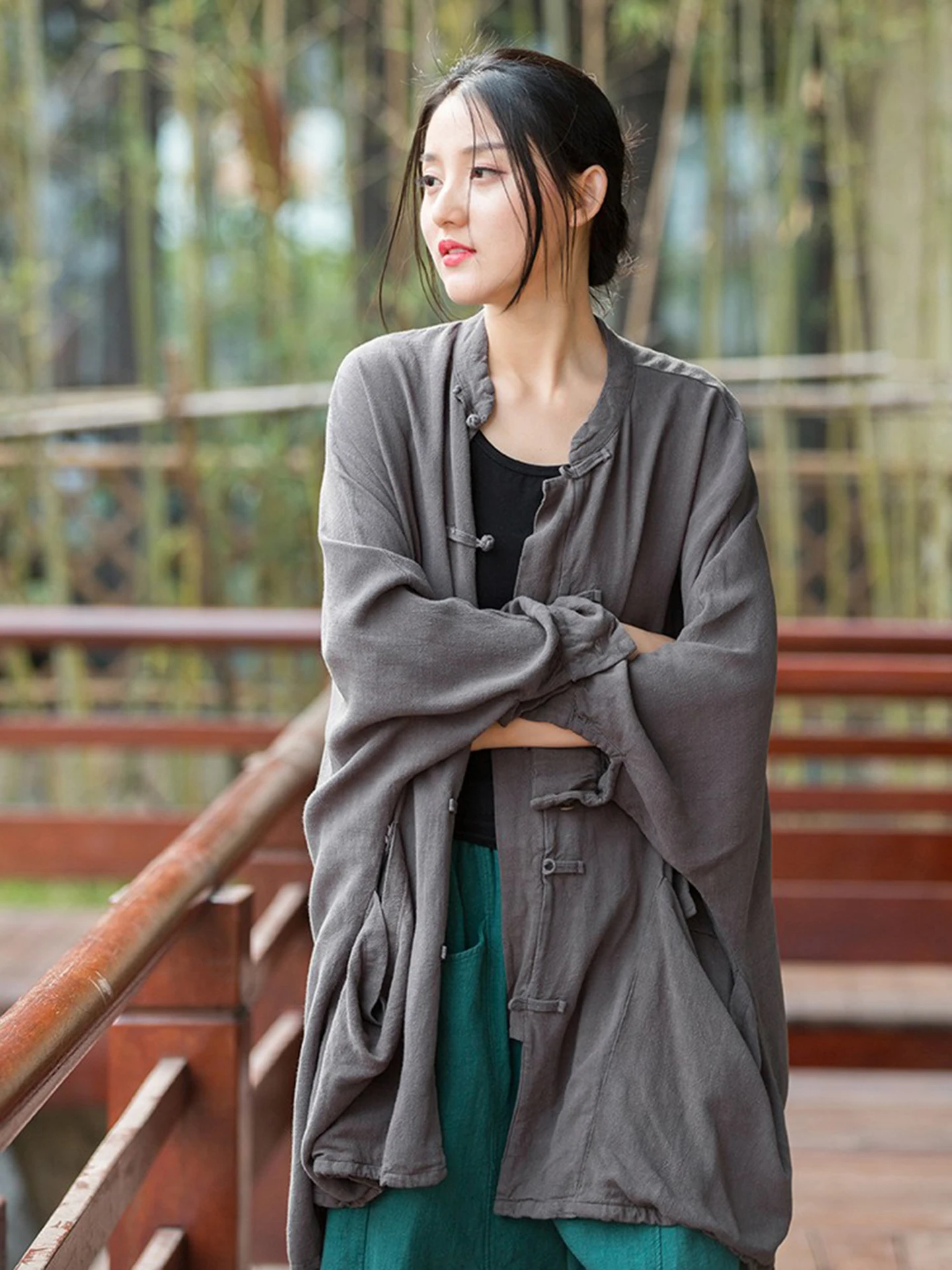Linen Jacket Women's Loose Zen Style Tea Clothing Mid-Length Cotton-Linen Top Artistic Retro Button-Up Sun Protection Shirt