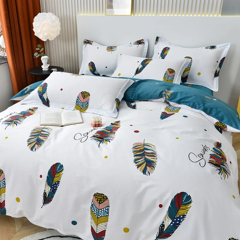 Bohemian Feather Duvet Cover Cotton Western Colorful Feathers Bedding Set Bird Peacock Feather Printed on White Comforter Cover