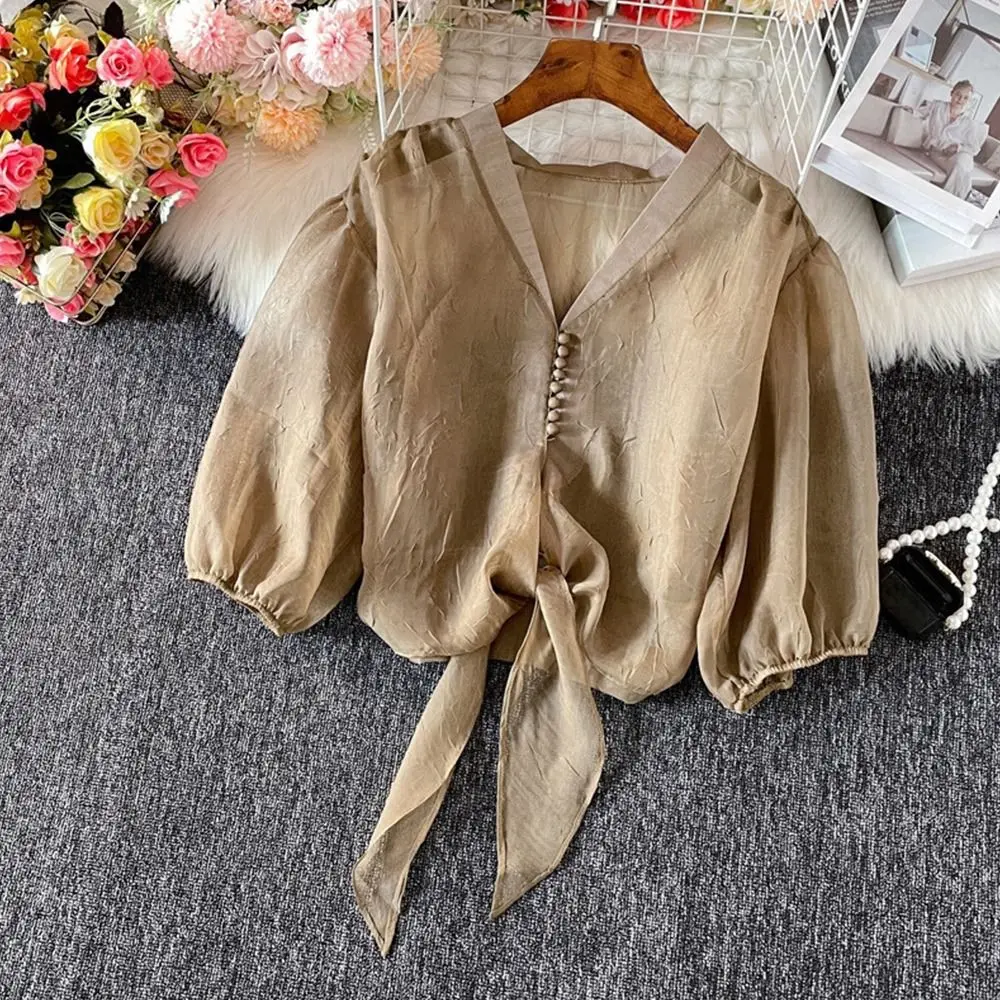 

Новая модная блузка из шифона с пышными рукавами, однотонная, с декоративной шнуровкой, в нишевом стиле, для женщин