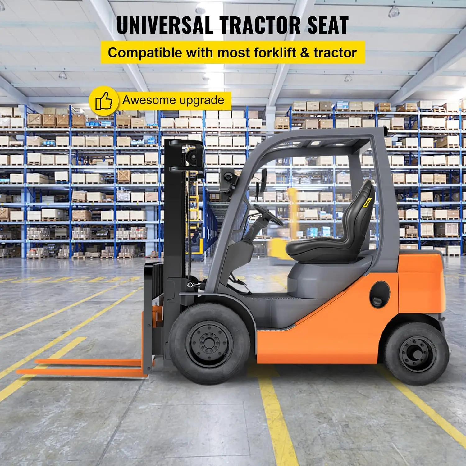 Universal Tractor Seat Replacement 2 Pcs Compact High Back Mower Seat, Black Vinyl Forklift Seat, Central Drain Hole Skid Steer