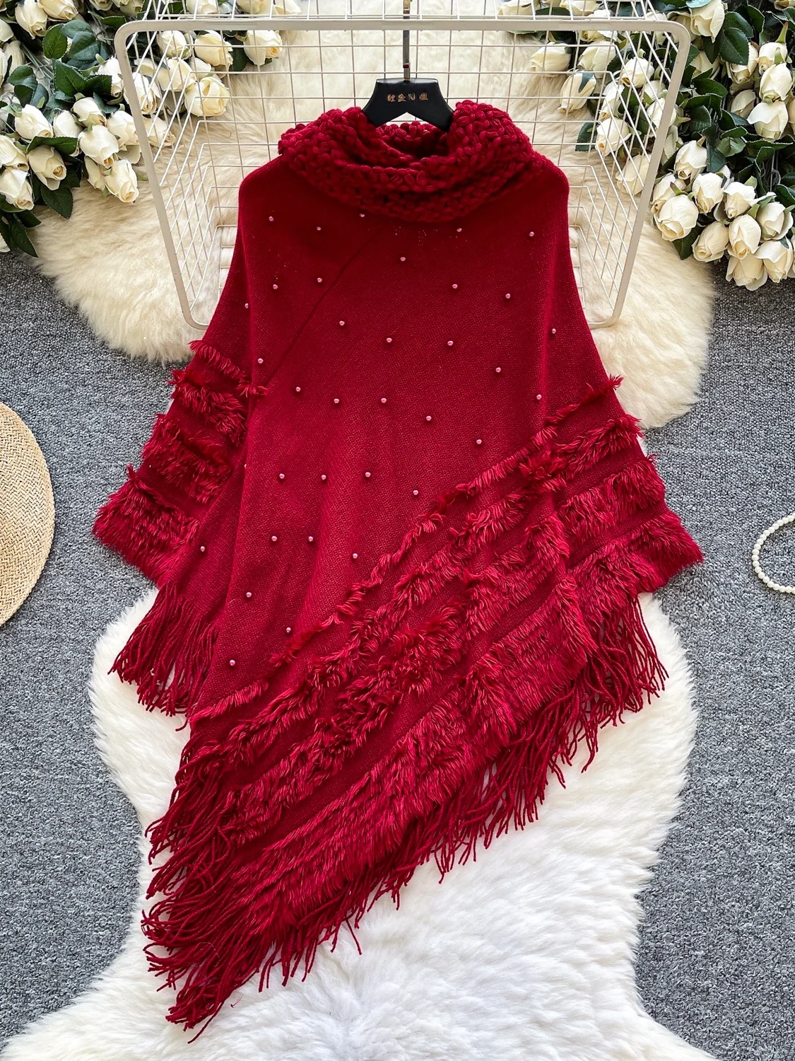 

Женский свободный вязаный кардиган с жемчужной отделкой и воротником-хомутом, повседневное винтажное пальто с длинными бахромами, верхняя одежда на весну