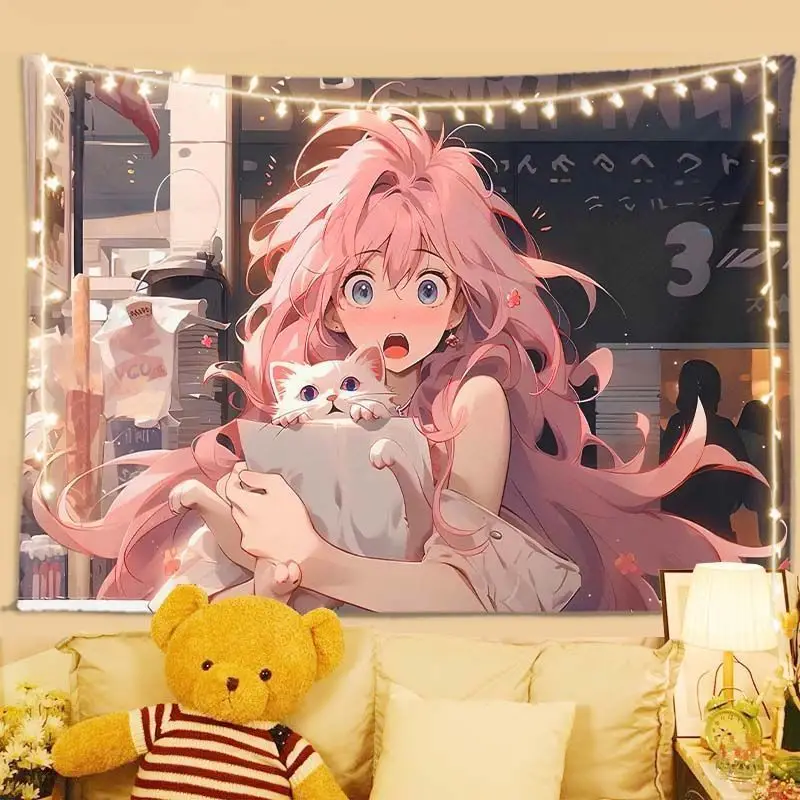 VIKAMA Anime Girl Black Cat Close Horizontal Tapestry Wall Hanging for Bedroom Living Room Cozy Aesthetic Modern Home Decor