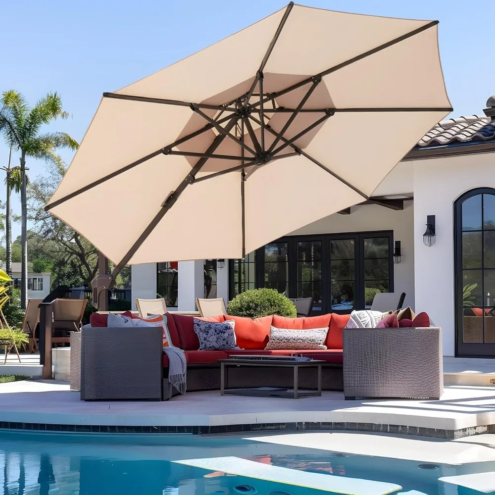 Patio Umbrella 12 FT Cantilever, 6-Level 360°Rotation Heavy Duty Large Umbrella with Cross Base, Outdoor Umbrella