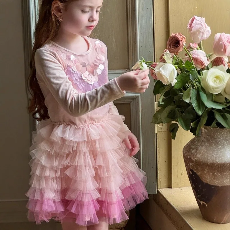 

Dress Girls Autumn Long Sleeves Handmade Cute Sweet Layered Glitter Birthday Cake Dress Gradient Fashion Princess