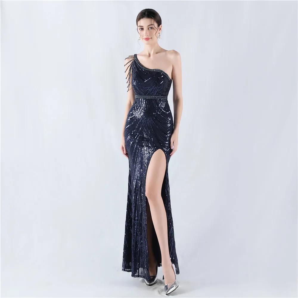 Customized Women's One Shoulder Beaded  Sequins High Split   Prom Dresses Mermaid Evening Gowns Cocktail Dress