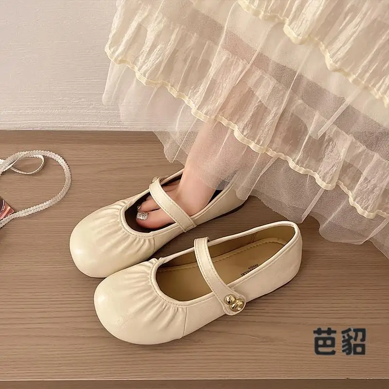 Folded Mary Jane Shoes Flat Bottom Evening Wind Gentle Slip-On Single Shoes for Skirts Spring Fashion PU Lined round Toe
