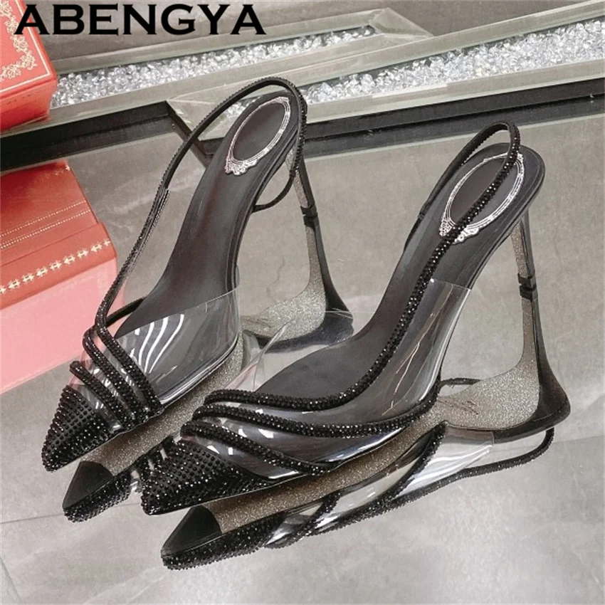 

Crystal Inlay PVC High Heels Sandals Women Bride Wedding Dress Shoes Women Summer Sexy Pointy Toe Gladiator Sandalias de Mujer