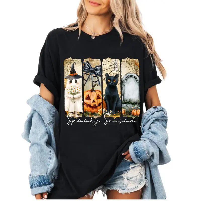 

Women's Halloween T-Shirt Spooky Season Ghost Pumpkin Black Cat Print Tee Cute Funny Fall Festival Loose Short Sleeve Top