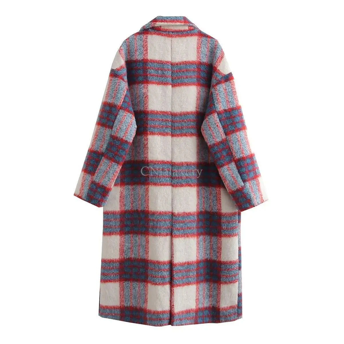 CNlalaxury 2023 Autumn Winter Women New Check Long Woolen Overcoat Fashion Retro Lapel Loose Thickening Warm Female Trench Coat