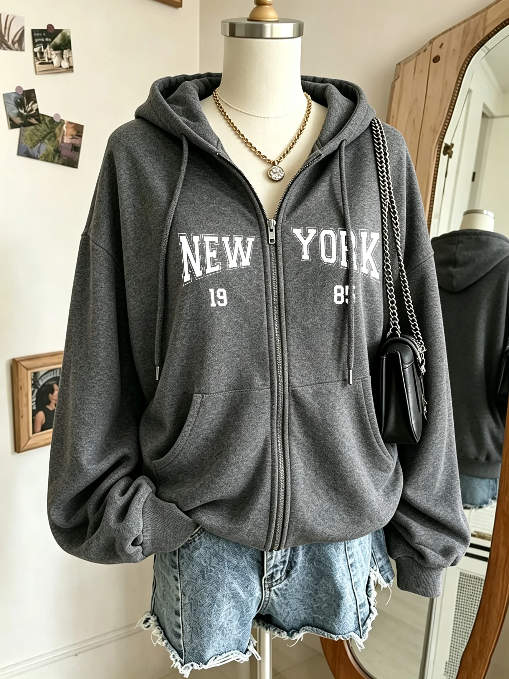 New York 1985 Art Letter Prints Damen-Kapuzenpullover mit Reißverschluss, Hip-Hop-Fleece-Kapuzenpullover, lässiger, lockerer Kapuzenpullover, Herbst, bequeme Streetwear – Detail 10