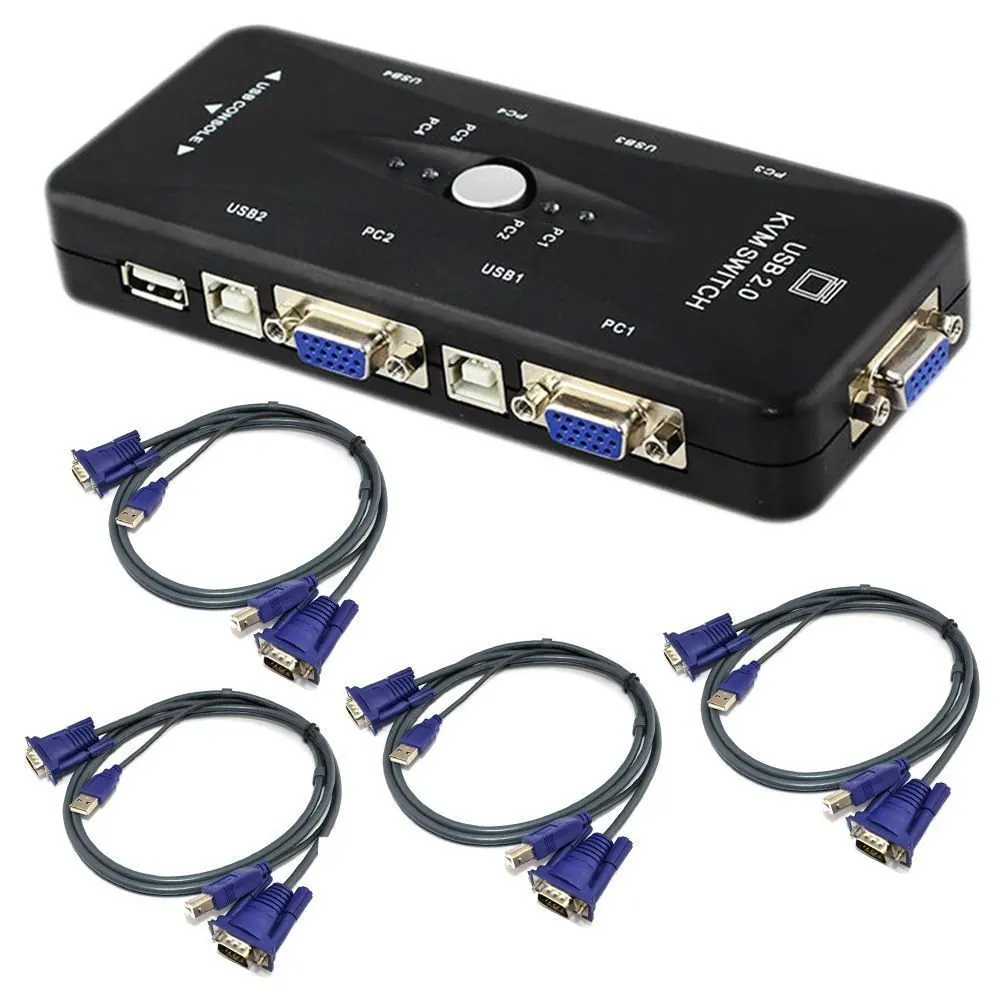 1 Set 4 KVM Switch Cables+  Hub 4 Port  USB 2.0 KVM VGA/SVGA Switch Box Adapter Connects Printer Keyboard Mouse 4 Computers
