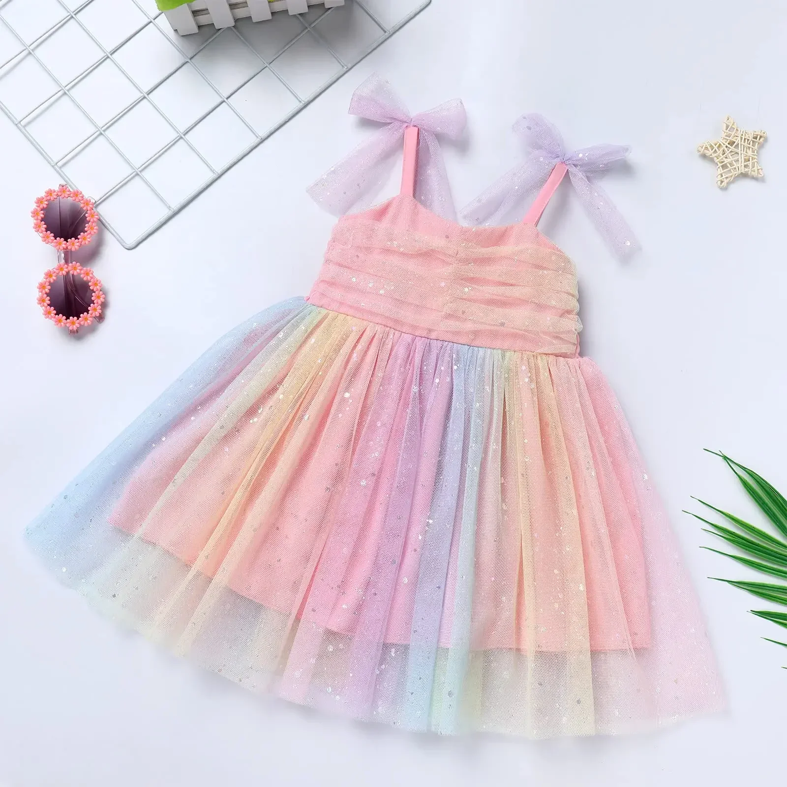 1-5Y Toddler neonate Party Dress Sling senza maniche Rainbow paillettes Tulle Tutu Dress Little Girl Birthday Party Princess Dress