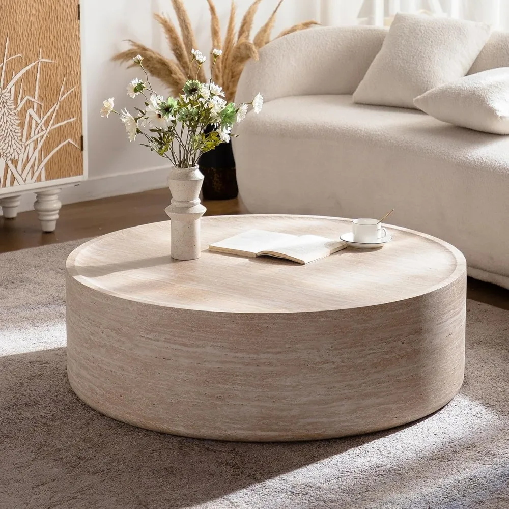 

Modern Drum Coffee Table Faux Travertine Finish Wood Coffee Tables Round Center Table for Living Room Home Office,39.3- Fully As