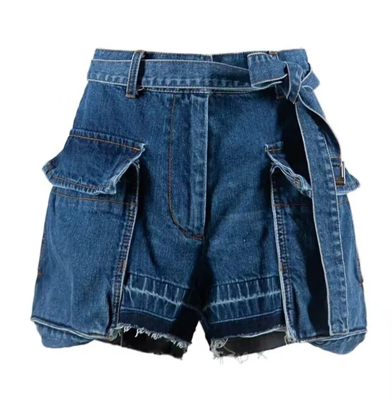 SAC Denim 2026summer Casual Double Side Large Pocket Belt Casual Shorts