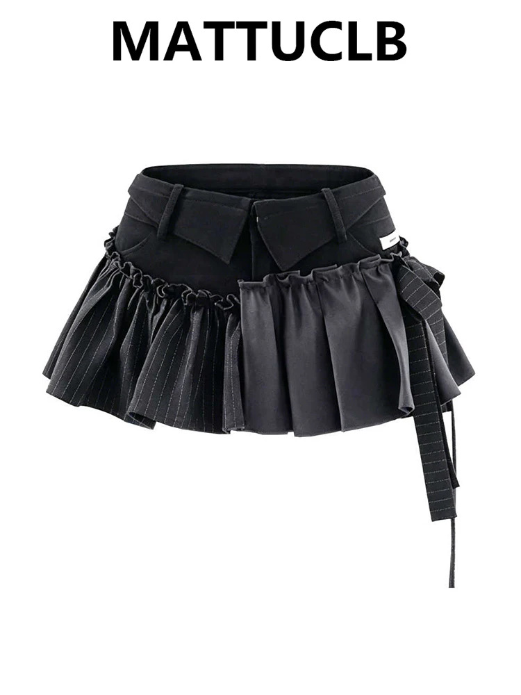 Women Mini Pleated Denim Skirt Y2k Patchwork Harajuku Punk Grunge Design 2000s Aesthetic Preppy Skirt Gyaru Coquette Chic Korean