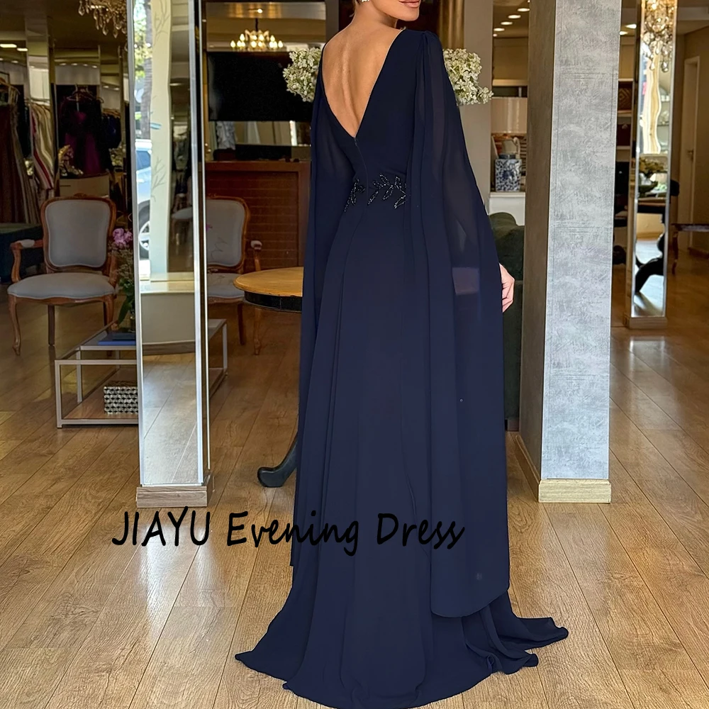 فستان سهرة شيفون أزرق كحلي مخصص برقبة على شكل حرف v بدون أكمام سويب تراين مطرز على شكل حرف a فستان الحفلات بطول الأرض فستان حفلات