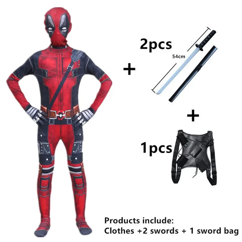 Movie Deadpoo Cosplay Kids Costumes Bodysuit for Halloween Carnival Party Role Playin goutfit with sword bag