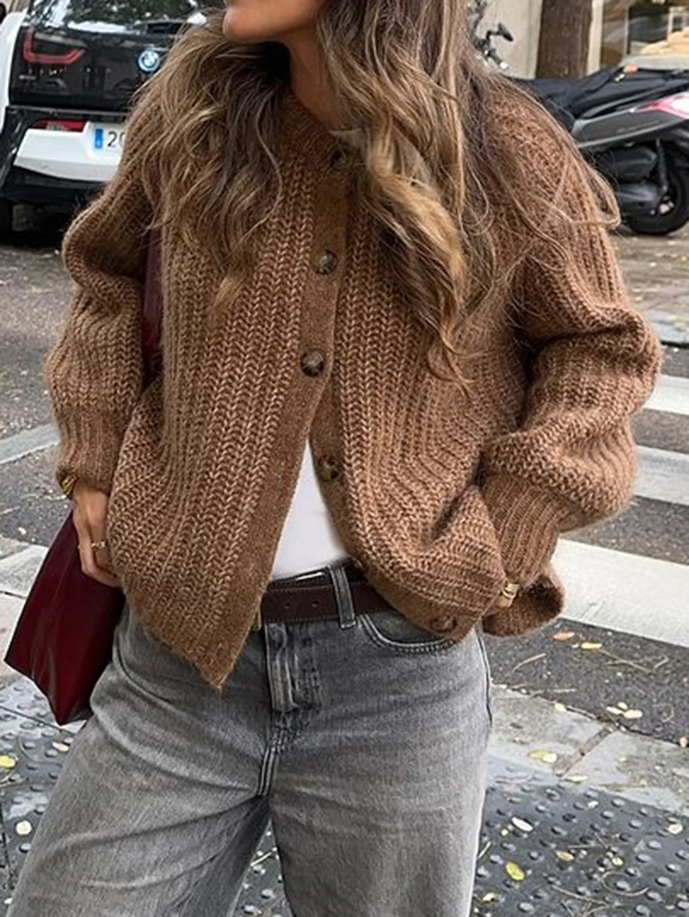 

Винтажный однотонный кардиган, свитер, женский однобортный свободный джемпер с круглым вырезом, верхняя одежда, уличная мода, повседневные топы с длинными рукавами