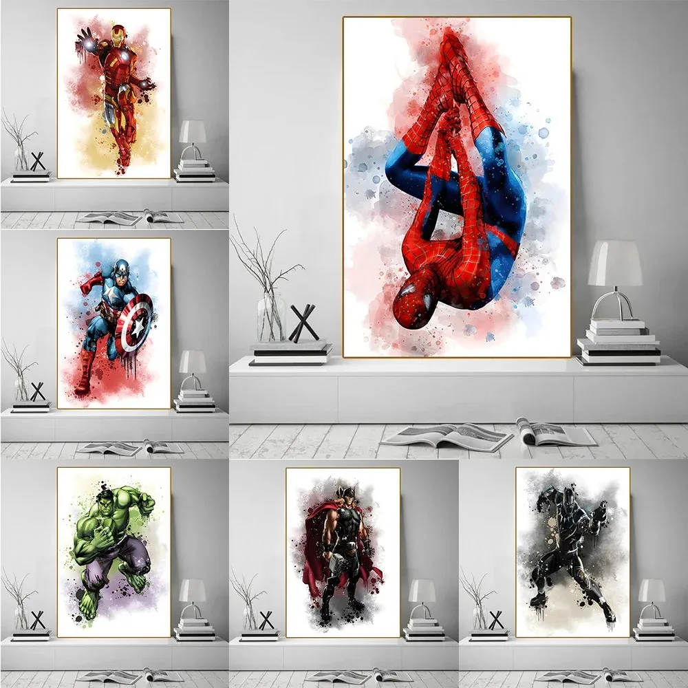 MINISO Marvel Movie Avengers Watercolor Canvas Posters Spiderman Iron Man Hulk Home Wall Art Painting Prints Room Decor Murals