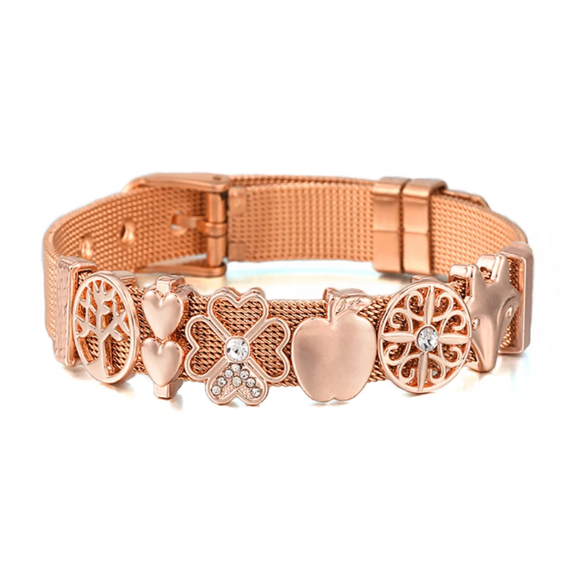 New Arrival 10mm Stainless Steel Mesh Bracelet With Heart Flower Charm Slide Beads For Women Men DIY Watch Strap Jewelry Gift