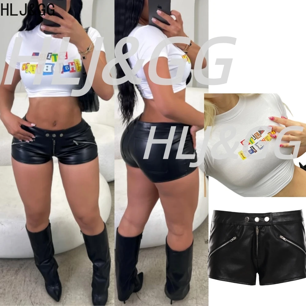 

HLJ&GG Fashion Y2K Letter Print Tshirts Two Piece Sets Women Round Neck Short Sleeve Slim Crop Top And Leather Shorts Streetwear