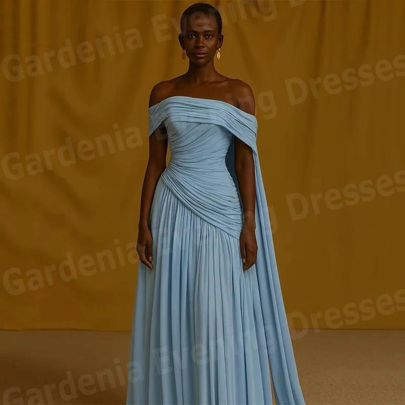 

Simple A Line Women's Evening Dresses Off Shoulder Prom Gowns Vestidos Para Mujer Customized Sleeveless Pleated Robe De Soirée