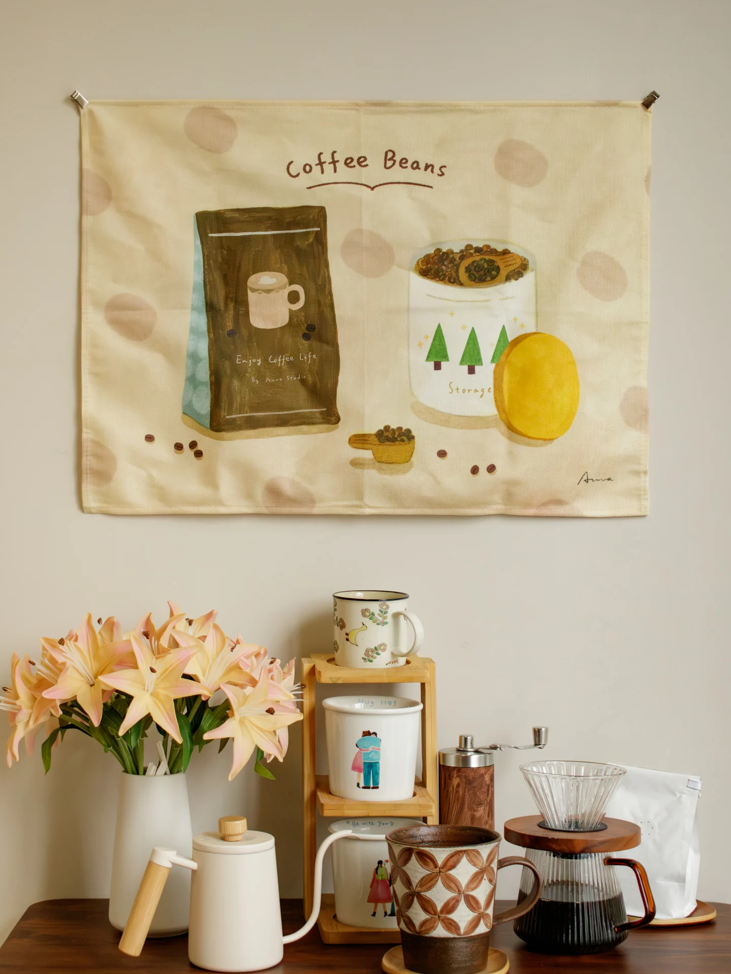 

Aura Decorative Coffee Bean Hand-Painted Meter Cover Cloth Retro Sle Home Decoration Rectangular Fabric Wall Art