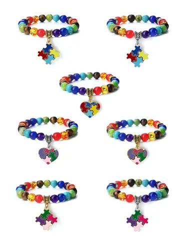 Autism Puzzle Healing Bracelet 7 Chakras Natural Stone Stretch Beaded Bracelets & Bangles Psychological Health Awareness Jewelry
