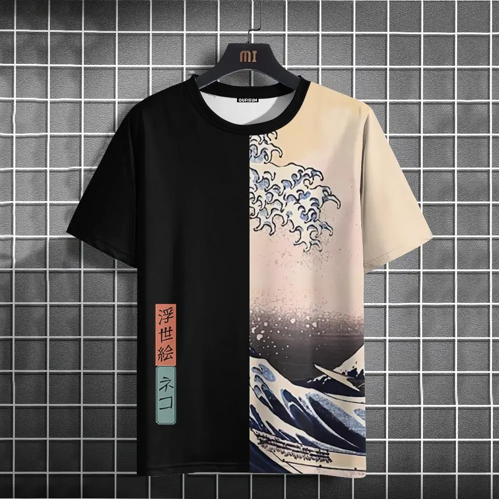 Japanese Style Men\'s T-Shirt Ukiyo-e Sea Wave Pattern Printing T-Shirts Casual Loose Short Sleeve Tee Oversized Men Clothing Top