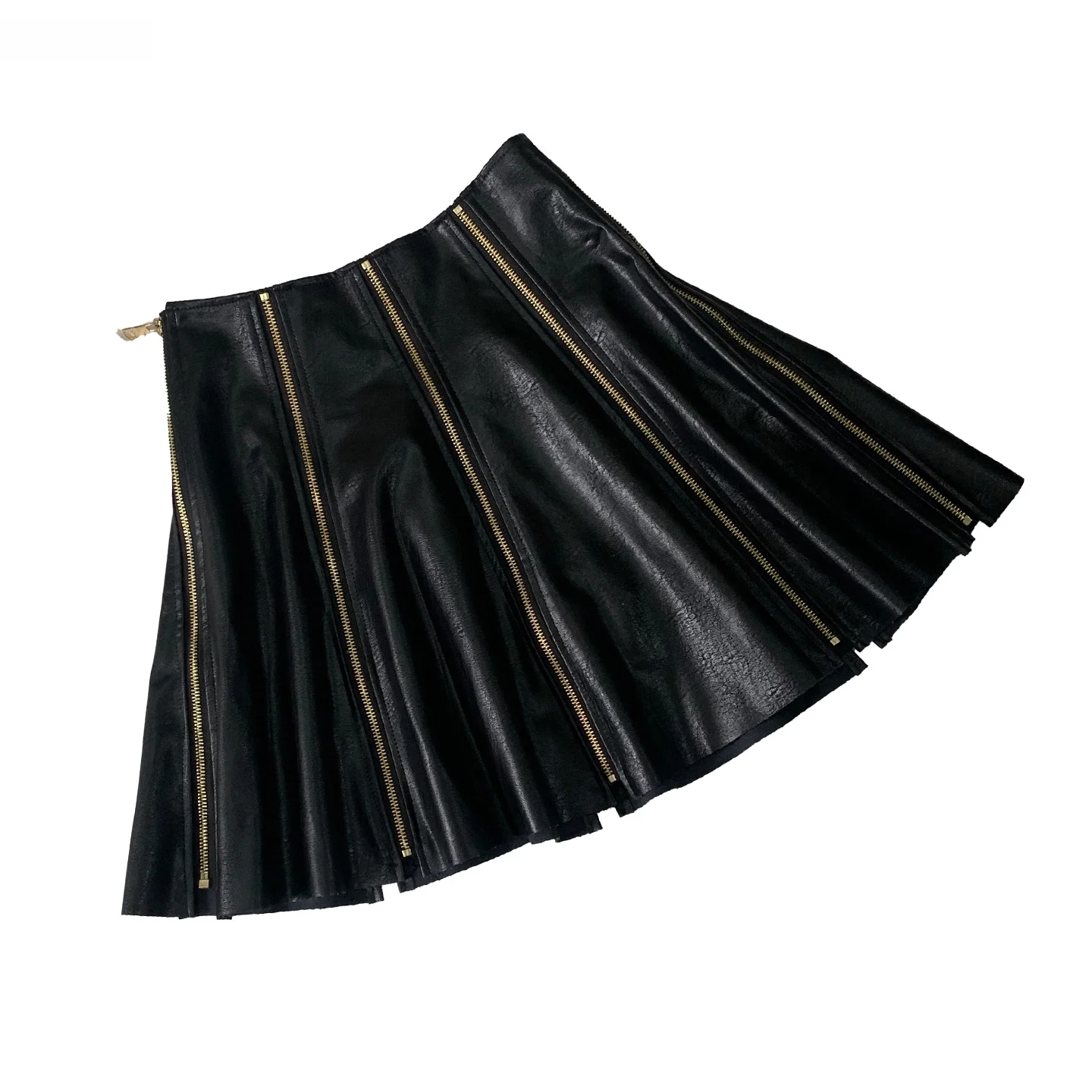 Nerazzurri Punk Style PU Leather  Skirt High Waist A-Line Multi-Zipper Women's Frock for Pear Shaped Body Comfortable Soft