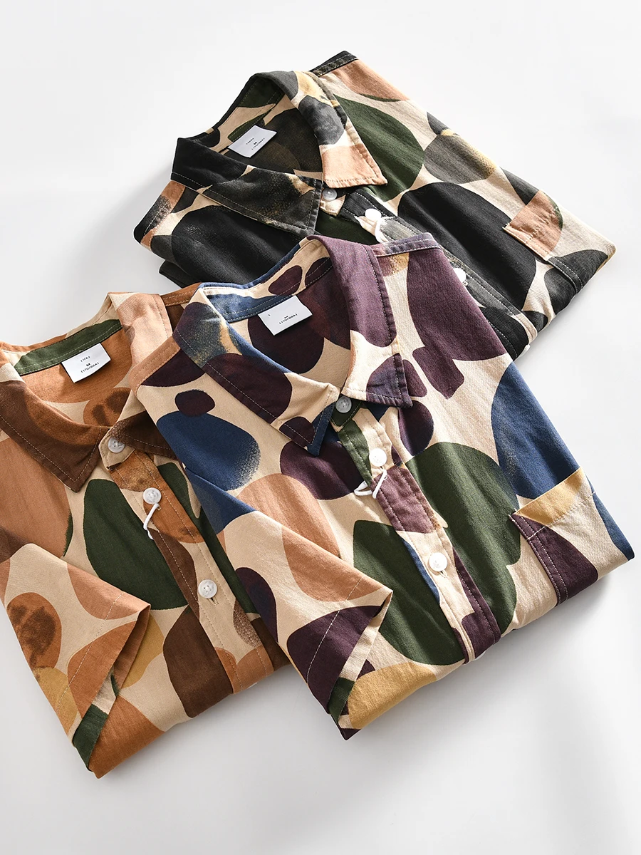 

Retro Japanese Style! Washed 100% Cotton! Summer New Fashion Trend Print Loose Casual Short Sleeve Men's Shirt Breathable