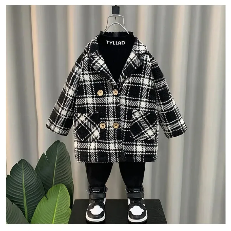 Korean Kids Winter Clothes Thicke New Plaid Woolen Coat Boys' Warm Jacket Childhood Coats Winter Padding Kids Outerwear E5075