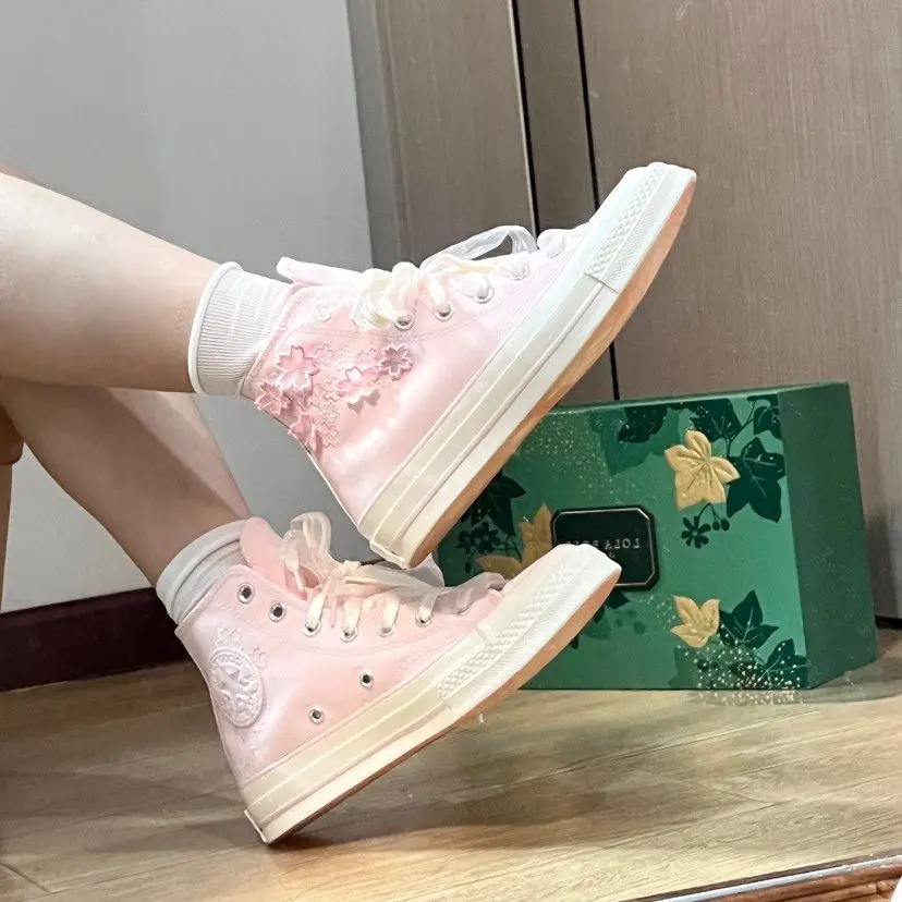 Womens Embroidery Canvas Sneakers Cherry Pink, Soft Silk Shoelace Design Low & High Top Casual Student Skate Footwear