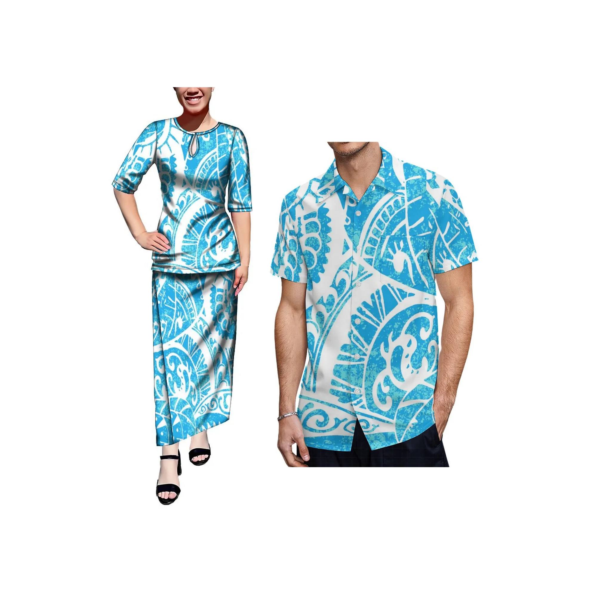 1MOQ Polynesian Print Water Drop Design Ladies Half Sleeve Long Dress Puletasi Samoa  Dress Top And Skirts Two Piece Set