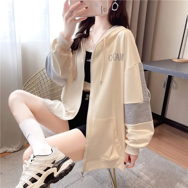 Fashion Pockets Printed Letter Hoodies Sweatshirts Female Clothing 2024 Spring Autumn New Loose Korean Tops Casual Sweatshirts