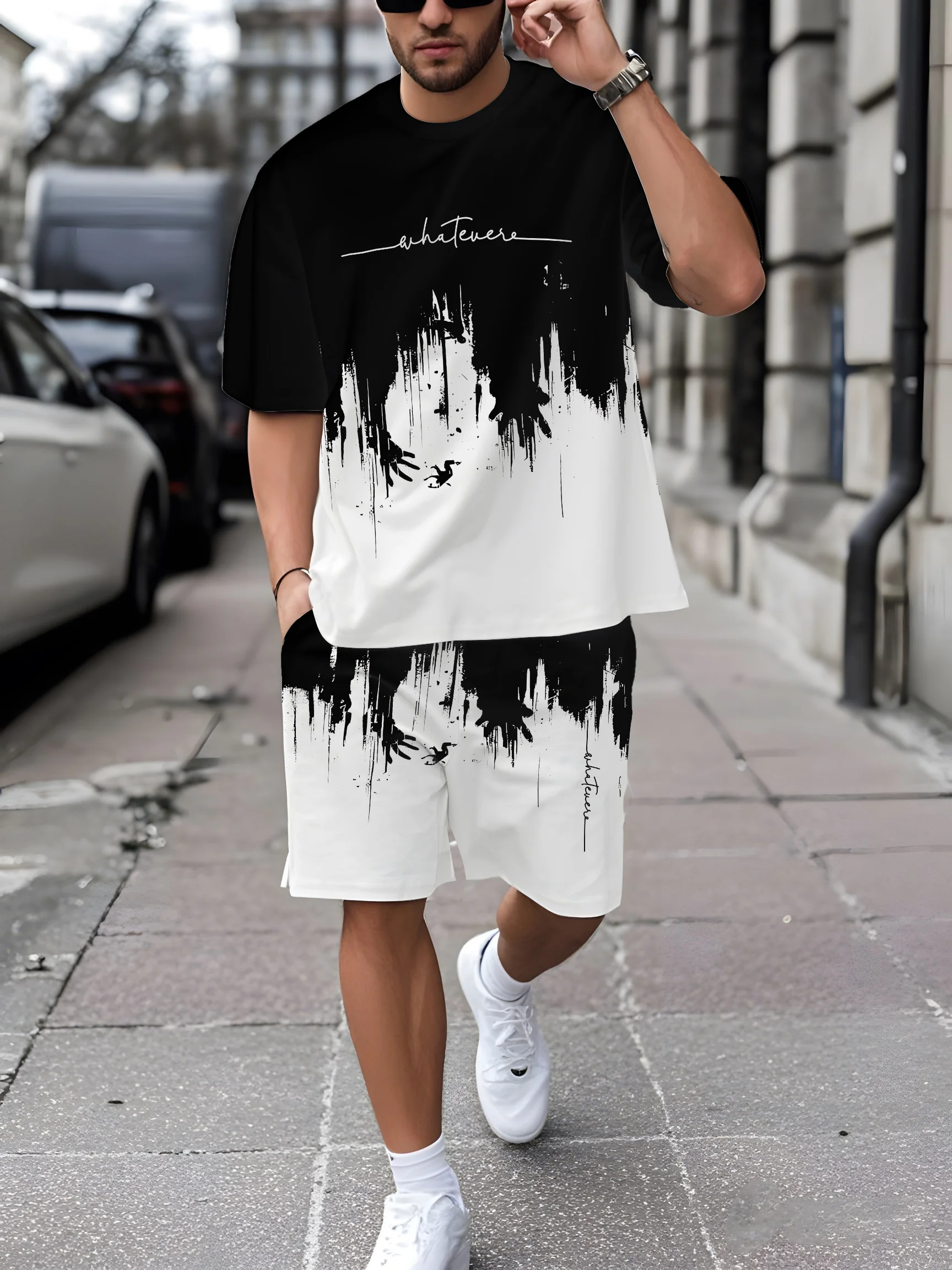 

Men's summer fashion new letter ink print comfortable and breathable round neck T-shirt shorts set outdoor casual wear