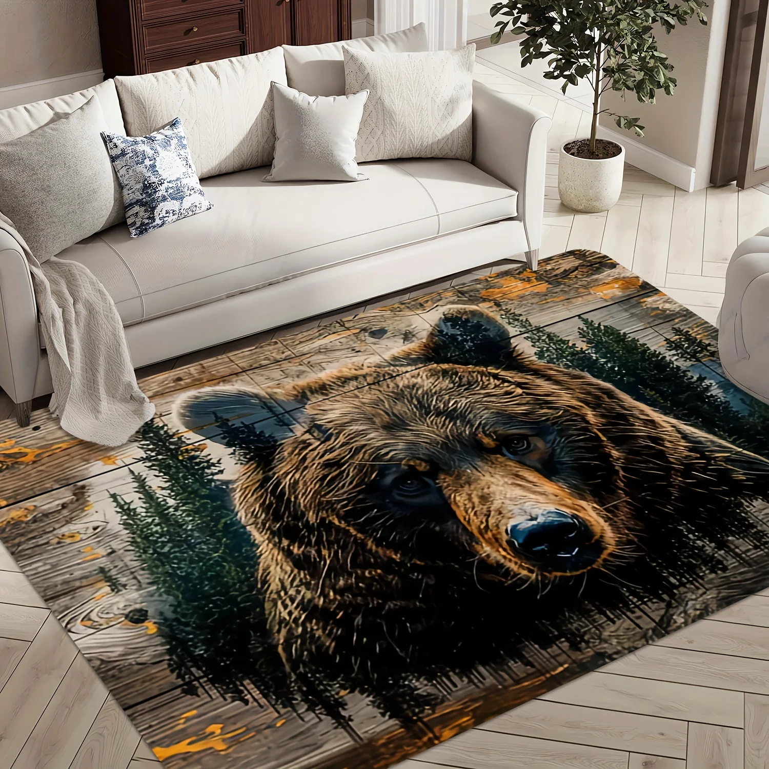 Realistic Grizzly Bear Forest Wildlife Area Rug Mat Rustic Cabin Decor Waterproof Outdoor Entrance Rug Durable Floor Carpet