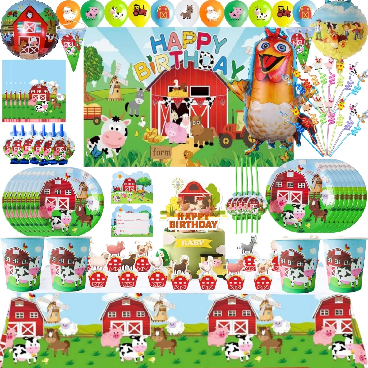 Farm Animal Cow Birthday Party Decoration Cartoon Straw Balloon Tablecloth Paper Cup Plates Flags Party Favors For Kids Birthday