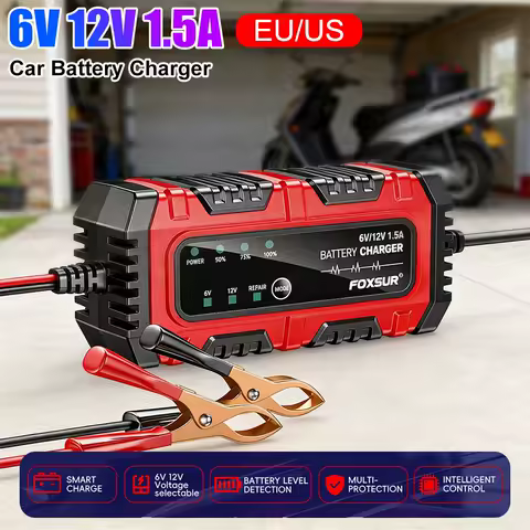 6V/12V 1.5A Car Battery Charger Moto Battery Charger Car and Motorcycle Battery Charging Unit for Lead-Acid AGM GEL Batteries