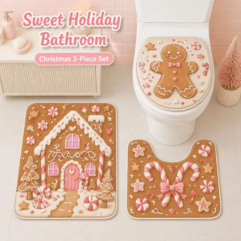 VIKAMA Christmas Toilet Mat Set 3 Piece Gingerbread House Cookie Snowflake U Shape Toilet Seat Cover Bathroom Rug Non Slip