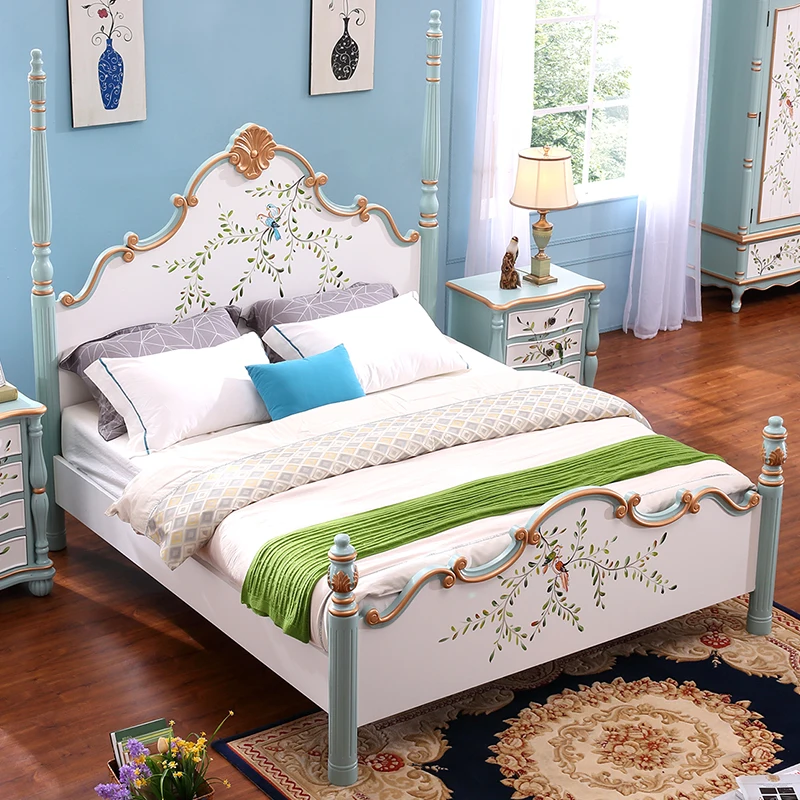 

Small and fresh painted American style rural solid wood bed, Mediterranean bed, master bedroom, European style bed, doubl