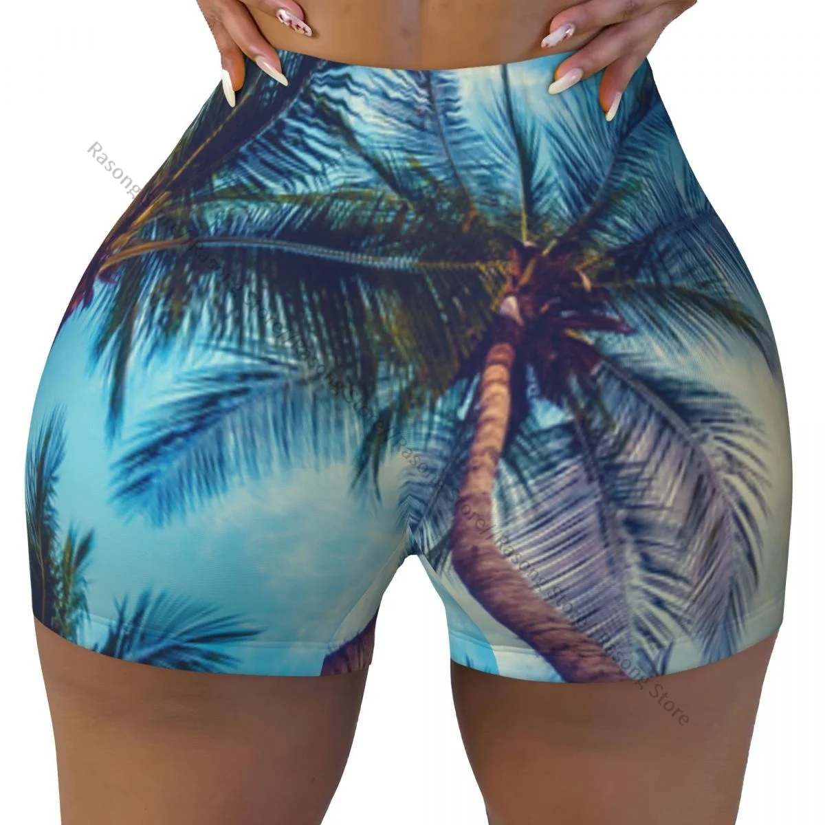 Pantalones cortos deportivos ajustados sexys para mujer, pantalones cortos de yoga cómodos para fitness con fondo de palmera Tropical en el cielo