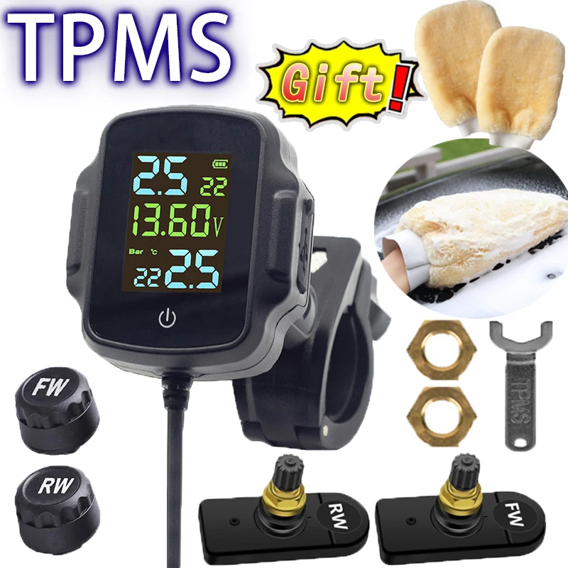 Wireless LCD Display Motorcycle TPMS Tyre Temperature Tester With 2 Sensors Bike Motor Tire Pressure Monitoring Alarm System